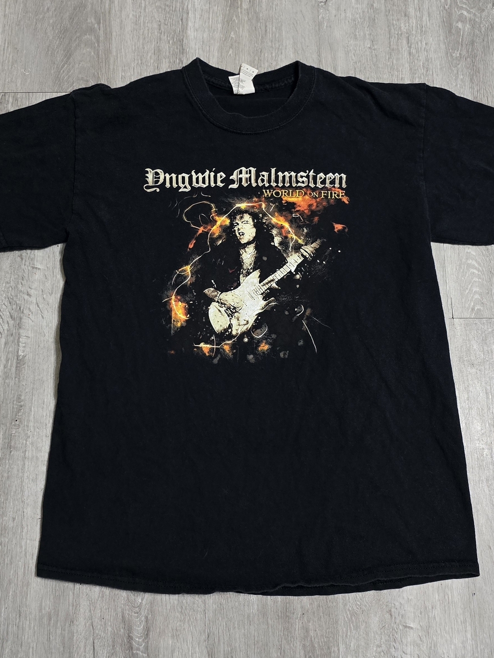 Yngwie Malmsteen World on Fire 2016 Guitar Heavy Metal Rock Black Tee Medium